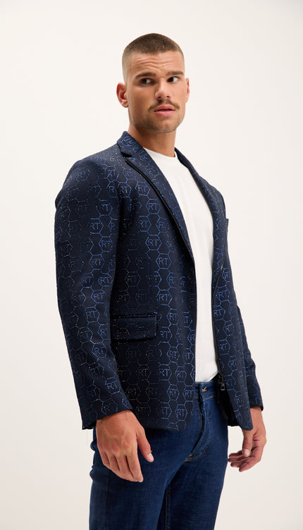 Crystal Monogram Embellished Blazer - Navy