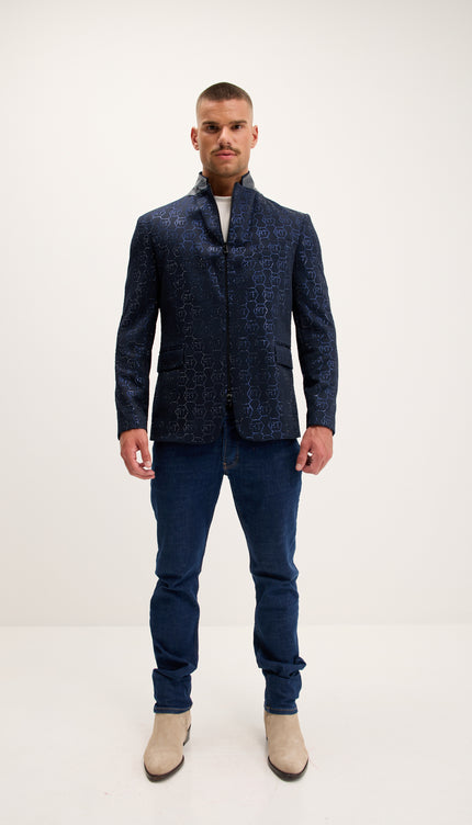 Crystal Monogram Embellished Blazer - Navy