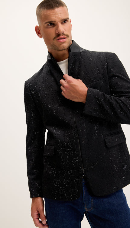 Crystal Logo Embellished Blazer - Black