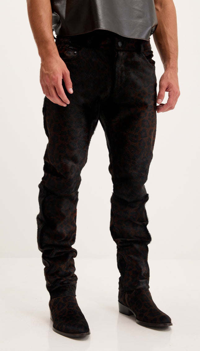 Calf Hair Slim Fit Pants - Black Leopard