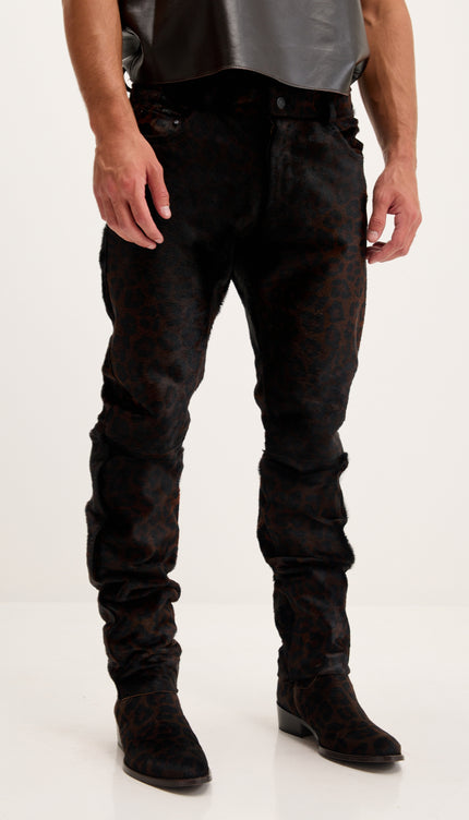 Calf Hair Slim Fit Pants - Black Leopard
