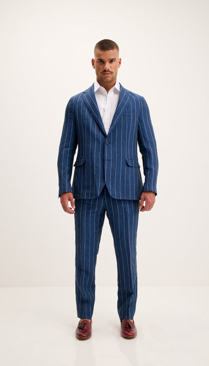 Pinstripe Pure Linen Single Breasted Suit - Navy