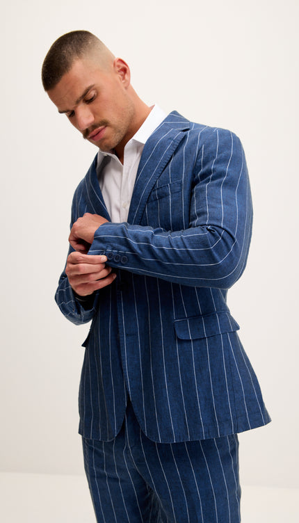 Pinstripe Pure Linen Single Breasted Suit - Navy
