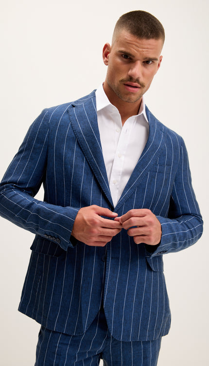 Pinstripe Pure Linen Single Breasted Suit - Navy