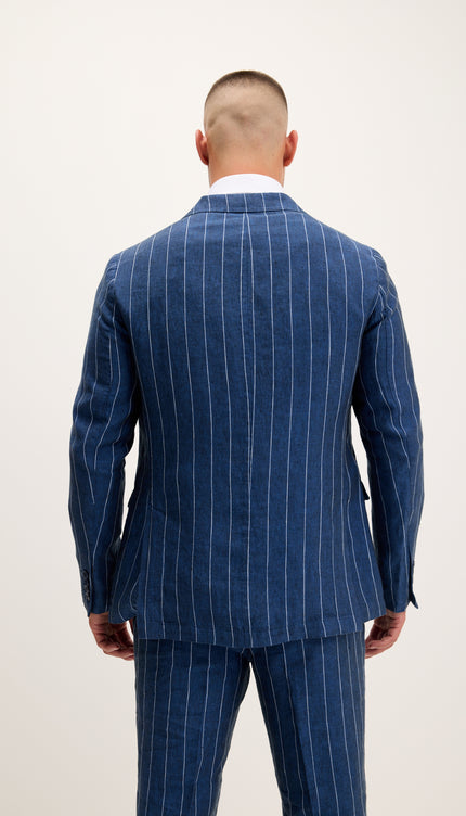Pinstripe Pure Linen Single Breasted Suit - Navy