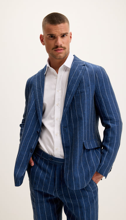 Pinstripe Pure Linen Single Breasted Suit - Navy