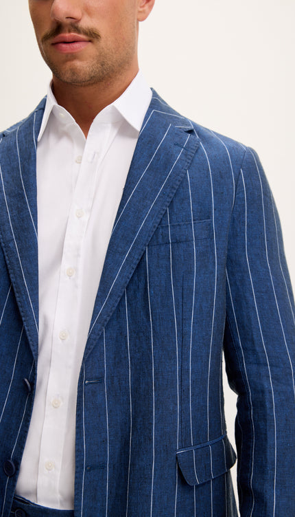 Pinstripe Pure Linen Single Breasted Suit - Navy