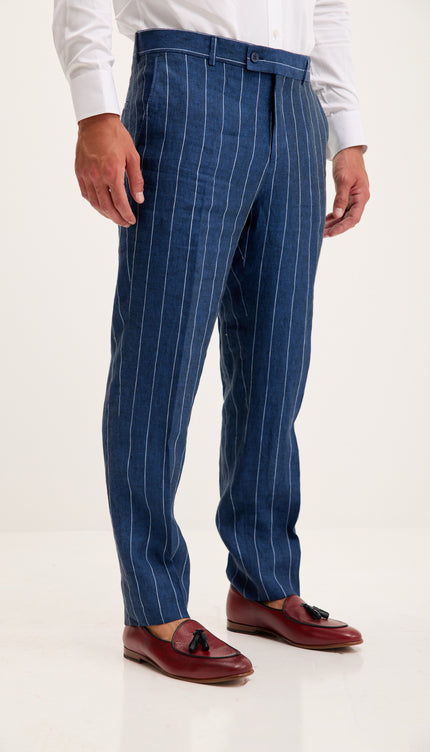 Pinstripe Pure Linen Single Breasted Suit - Navy