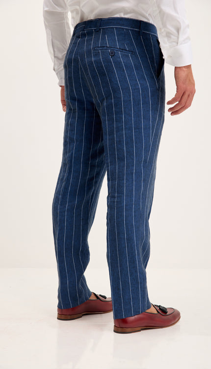 Pinstripe Pure Linen Single Breasted Suit - Navy