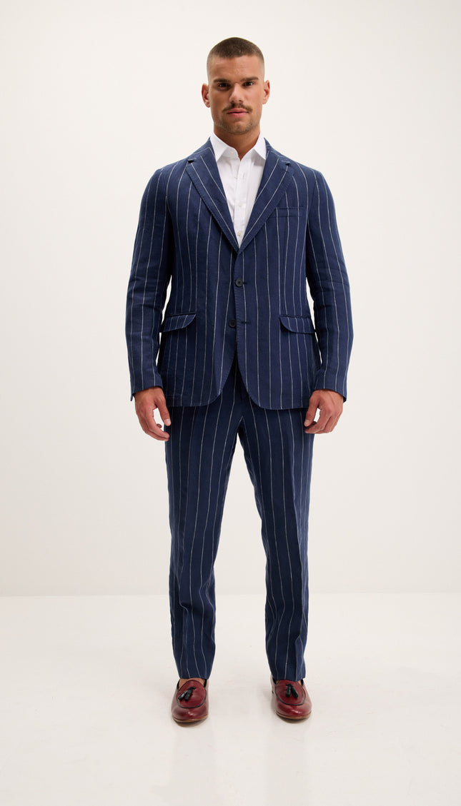 Pinstripe Pure Linen Single Breasted Suit - Dark Navy