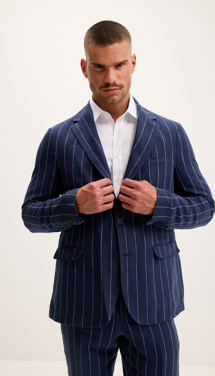 Costume croisé en pur lin à fines rayures - Bleu marine foncé 