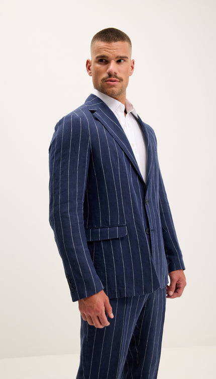 Costume croisé en pur lin à fines rayures - Bleu marine foncé 