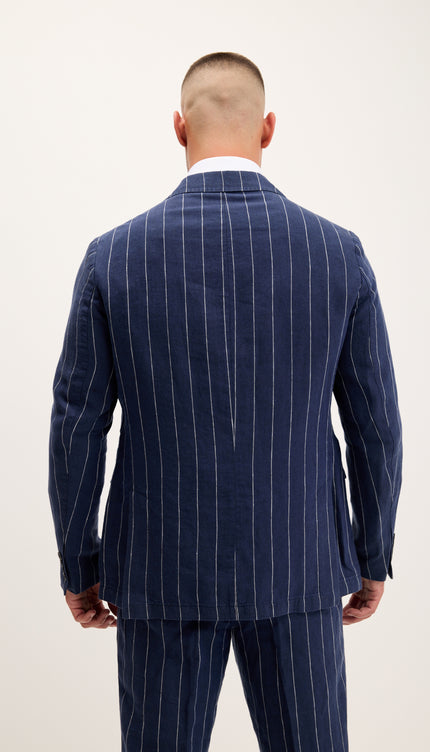 Costume croisé en pur lin à fines rayures - Bleu marine foncé 