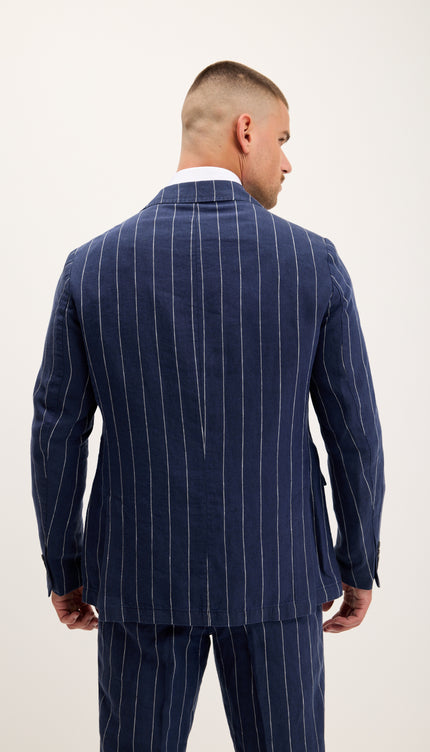 Costume croisé en pur lin à fines rayures - Bleu marine foncé 