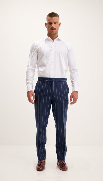 Costume croisé en pur lin à fines rayures - Bleu marine foncé 