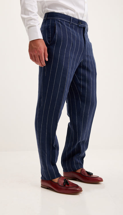 Costume croisé en pur lin à fines rayures - Bleu marine foncé 