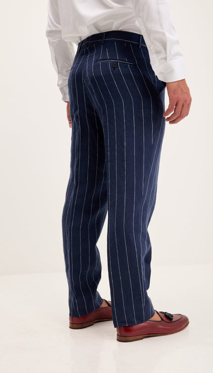 Costume croisé en pur lin à fines rayures - Bleu marine foncé 