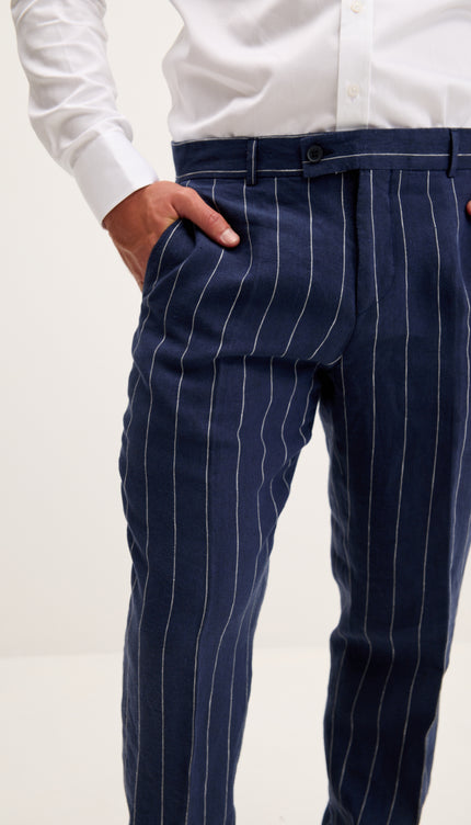 Costume croisé en pur lin à fines rayures - Bleu marine foncé 