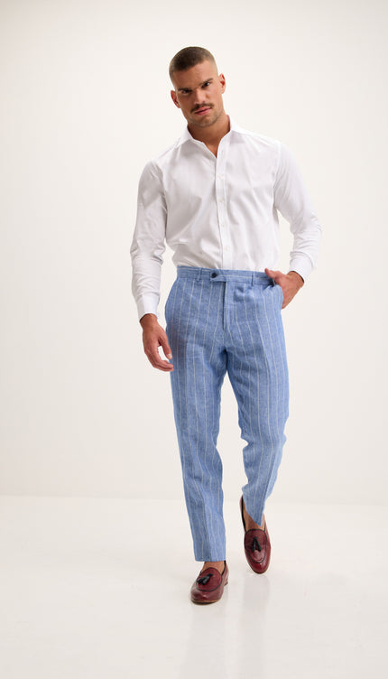 Costume croisé en pur lin à fines rayures - Bleu 