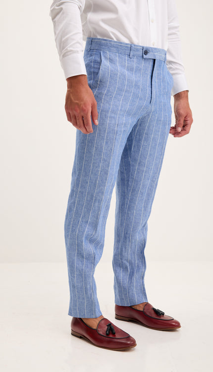 Costume croisé en pur lin à fines rayures - Bleu 