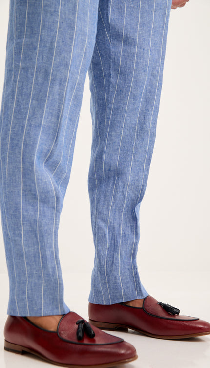 Costume croisé en pur lin à fines rayures - Bleu 