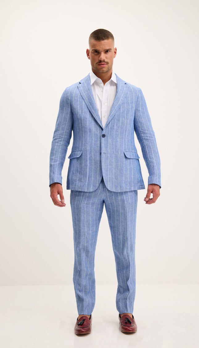 Costume croisé en pur lin à fines rayures - Bleu 