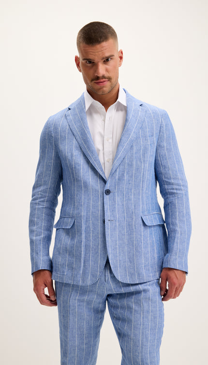 Costume croisé en pur lin à fines rayures - Bleu 