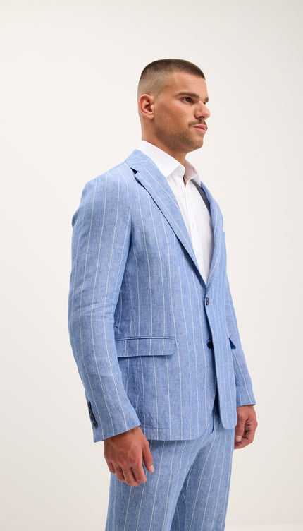 Costume croisé en pur lin à fines rayures - Bleu 