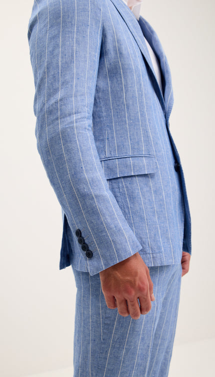 Costume croisé en pur lin à fines rayures - Bleu 