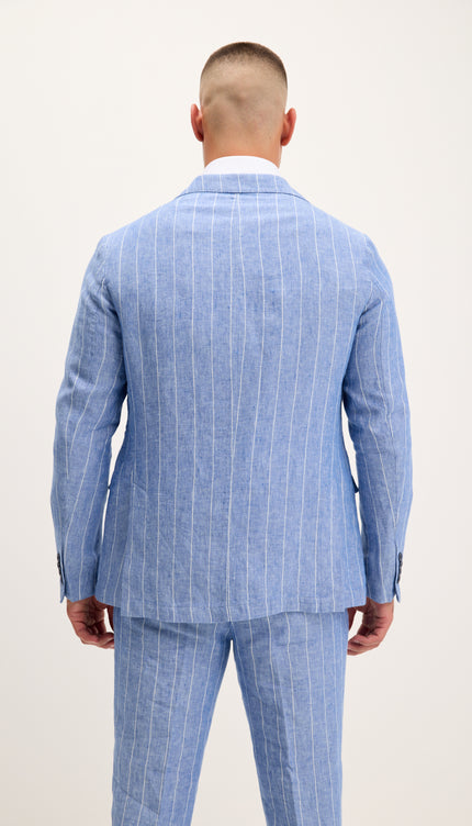Costume croisé en pur lin à fines rayures - Bleu 