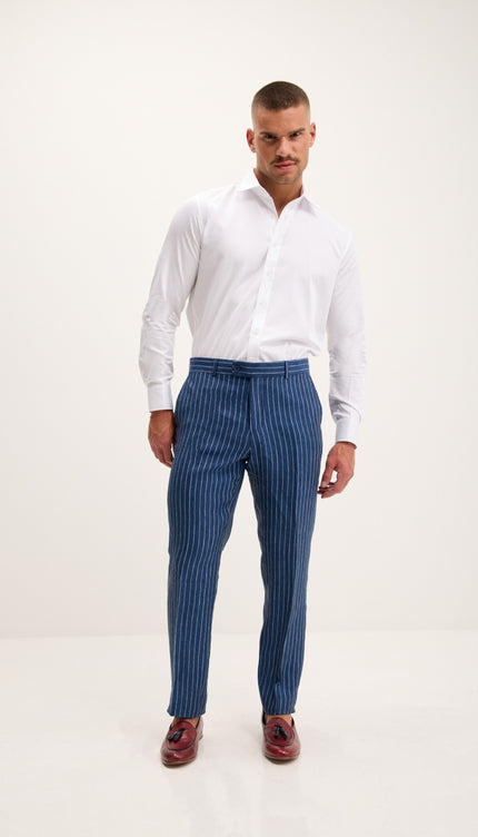 Pinstripe Pure Linen Single Breasted Suit - Navy
