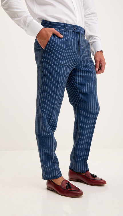 Pinstripe Pure Linen Single Breasted Suit - Navy