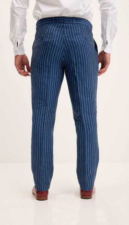 Pinstripe Pure Linen Single Breasted Suit - Navy