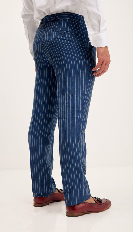 Pinstripe Pure Linen Single Breasted Suit - Navy