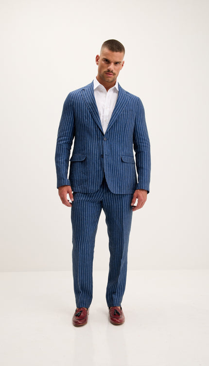 Pinstripe Pure Linen Single Breasted Suit - Navy