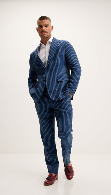 Pinstripe Pure Linen Single Breasted Suit - Navy