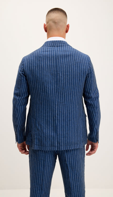 Pinstripe Pure Linen Single Breasted Suit - Navy