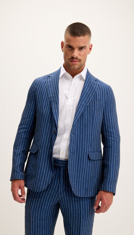 Pinstripe Pure Linen Single Breasted Suit - Navy