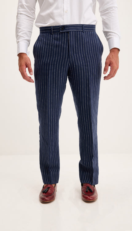 Pinstripe Pure Linen Single Breasted Suit - Dark Navy