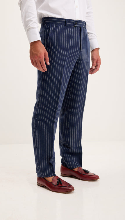 Pinstripe Pure Linen Single Breasted Suit - Dark Navy