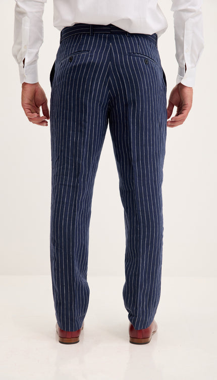 Pinstripe Pure Linen Single Breasted Suit - Dark Navy