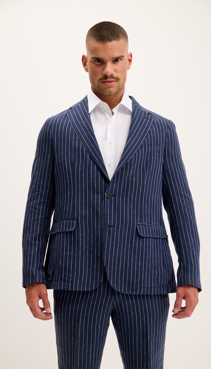 Pinstripe Pure Linen Single Breasted Suit - Dark Navy