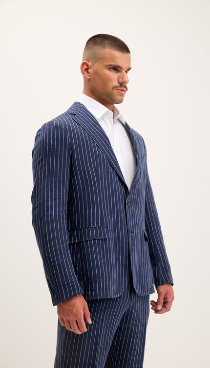 Pinstripe Pure Linen Single Breasted Suit - Dark Navy