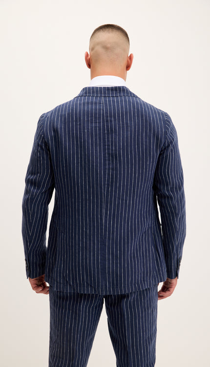 Pinstripe Pure Linen Single Breasted Suit - Dark Navy