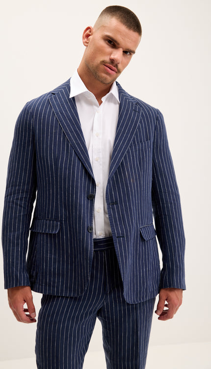 Pinstripe Pure Linen Single Breasted Suit - Dark Navy