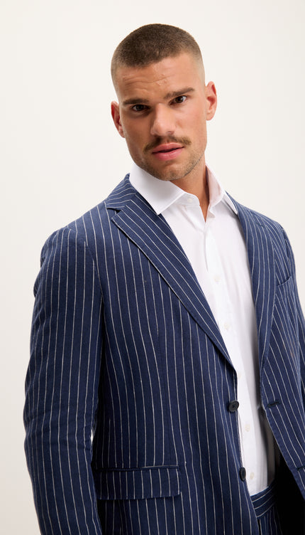 Pinstripe Pure Linen Single Breasted Suit - Dark Navy