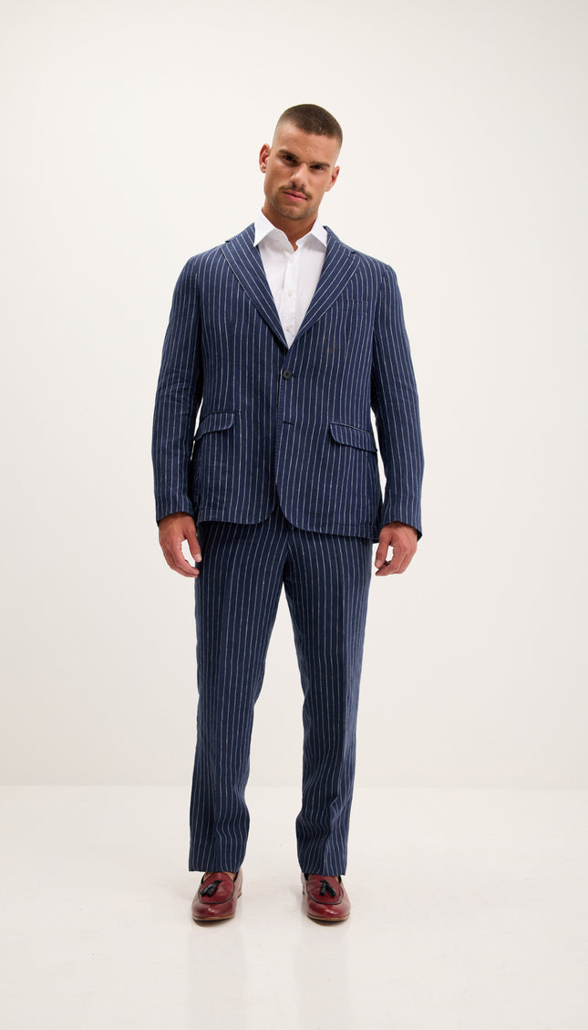 Costume croisé en pur lin à fines rayures - Bleu marine foncé 