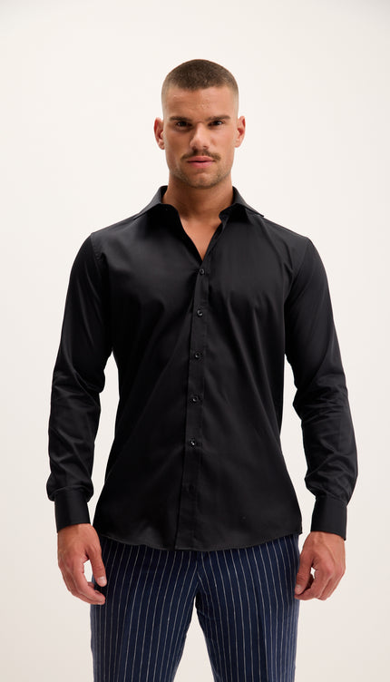 Pure Cotton Spread Collar Fitted Dress Shirt - Jet Black