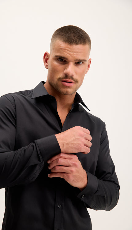 Pure Cotton Spread Collar Fitted Dress Shirt - Jet Black