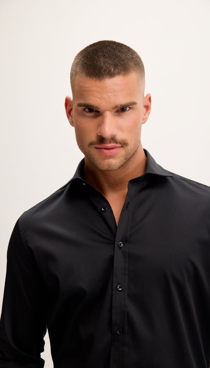 Pure Cotton Spread Collar Fitted Dress Shirt - Jet Black